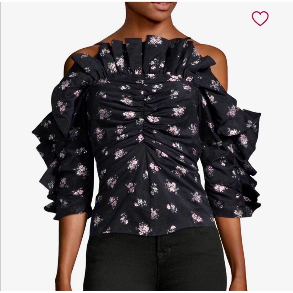Rebecca Taylor Silk Floral Print Blouse Off Shoulder Ruffle Sleeve Black Pink